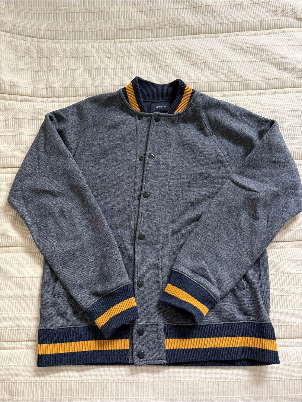 J. Crew Heather Gray Bomber Jacket with Navy & Gold Trim